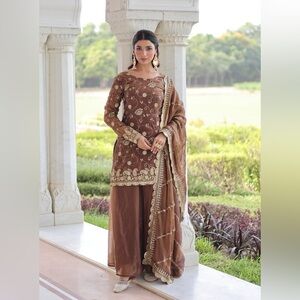 Elegant Brown Embroidered sharara with sequin embroidery work Suit (stitched)